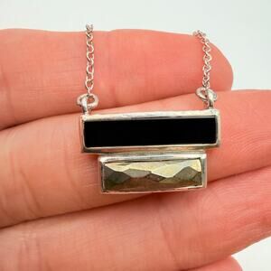 Silpada Double Bar Pendant Necklace N3452 Black Agate Pyrite Deco 925 16"